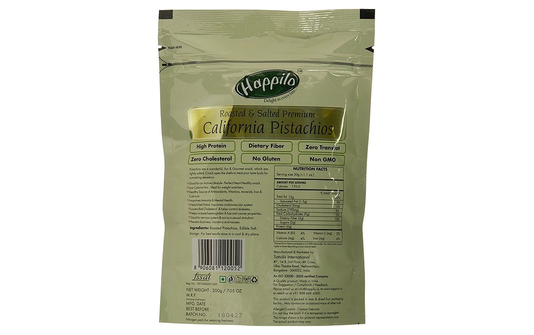 Happilo Roasted & Salted Premium California Pistachios   Pack  200 grams